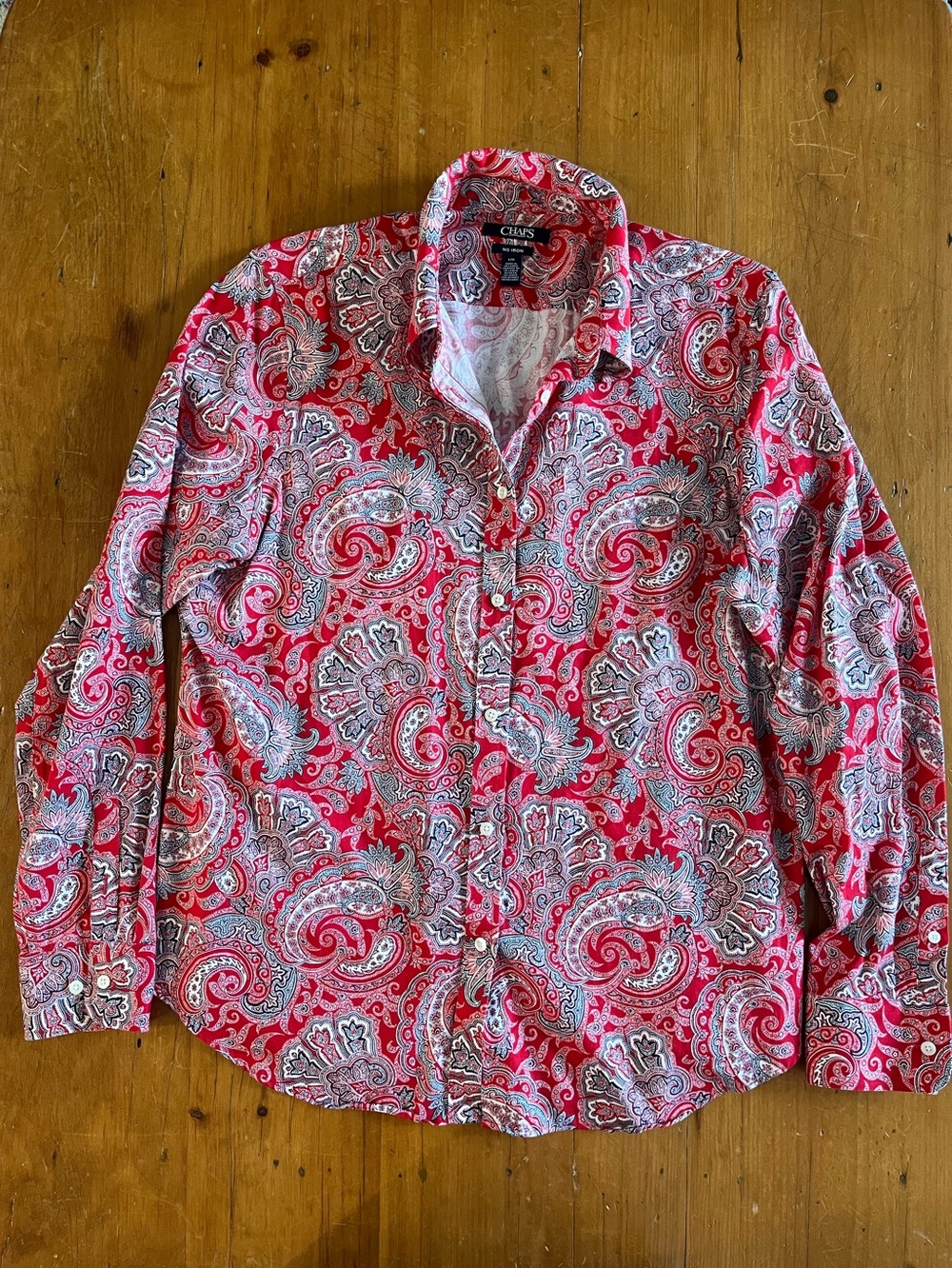 Chaps Red, White & Blue Paisley Bandana Print 100% Cotton No-Iron Button Down